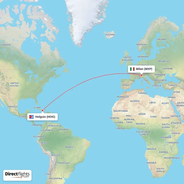 Milan - Holguin direct flight map