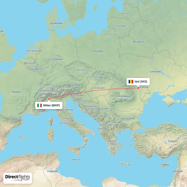 Milan - Iasi direct flight map