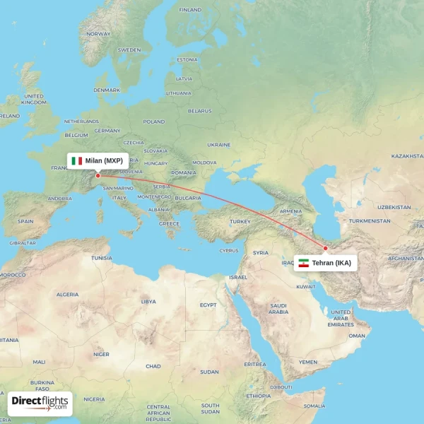 Milan - Tehran direct flight map