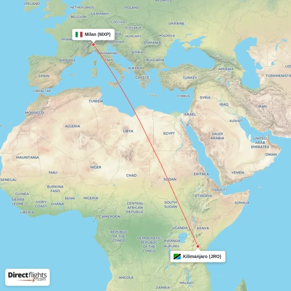 Milan - Kilimanjaro direct flight map