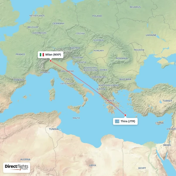 Milan - Thira direct flight map