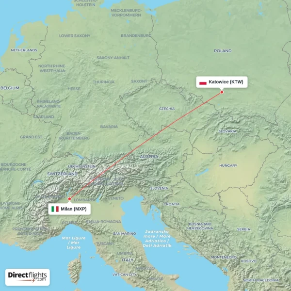 Milan - Katowice direct flight map