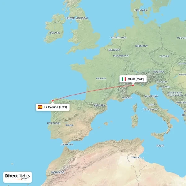 Milan - La Coruna direct flight map