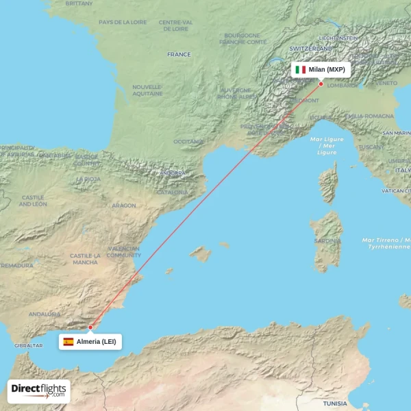 Milan - Almeria direct flight map