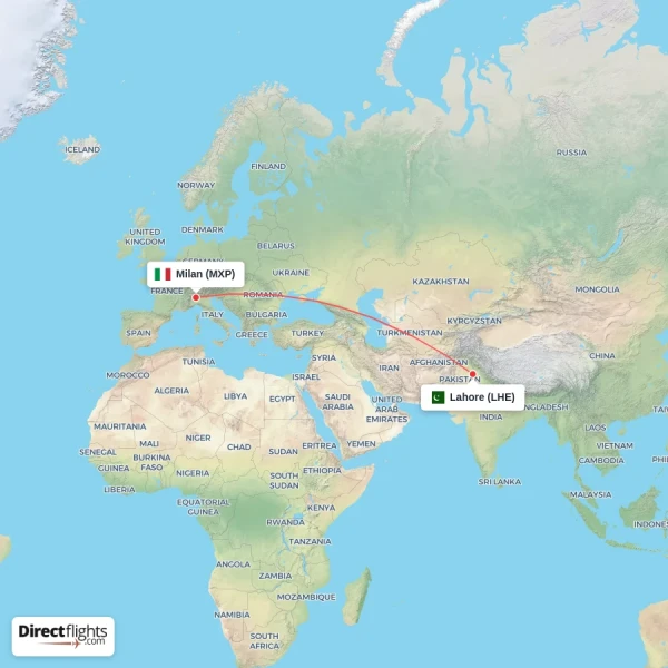 Milan - Lahore direct flight map