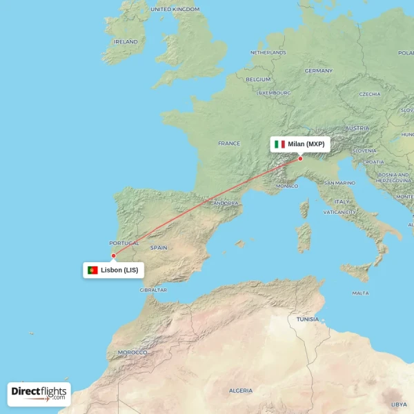 Milan - Lisbon direct flight map
