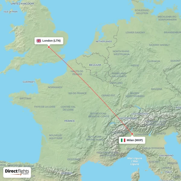 Milan - London direct flight map