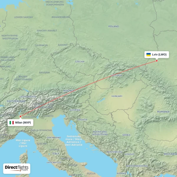 Milan - Lviv direct flight map