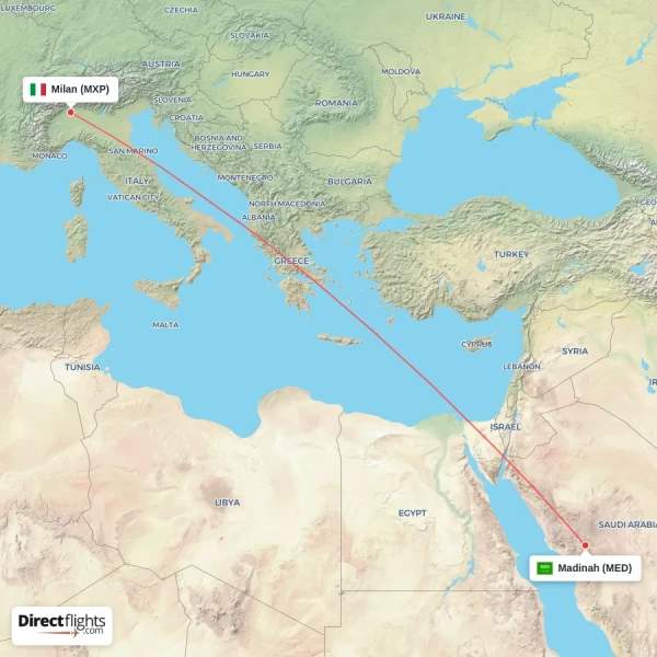 Milan - Madinah direct flight map