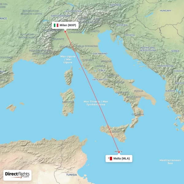 Milan - Malta direct flight map