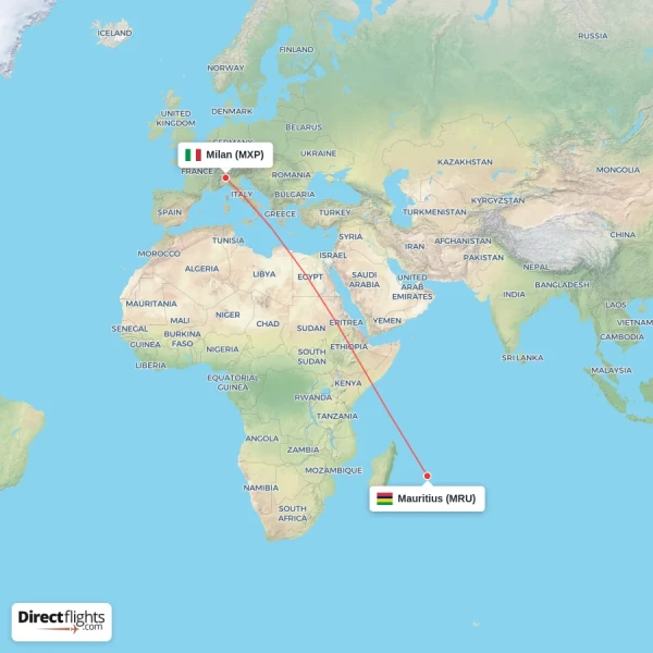 Milan - Mauritius direct flight map