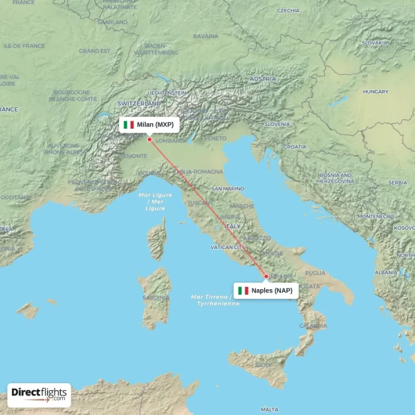 Milan - Naples direct flight map