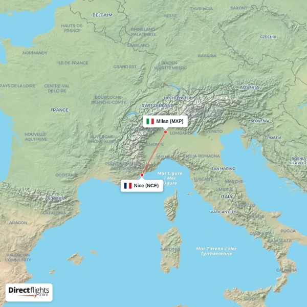 Milan - Nice direct flight map