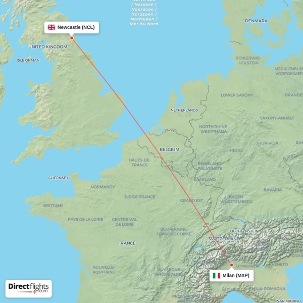 Milan - Newcastle direct flight map