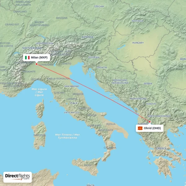 Milan - Ohrid direct flight map