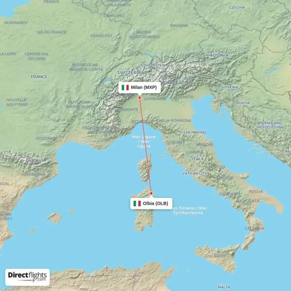 Milan - Olbia direct flight map