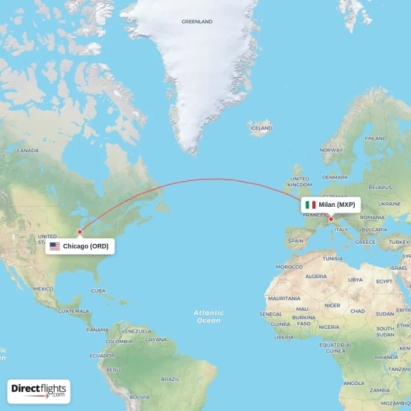 Milan - Chicago direct flight map