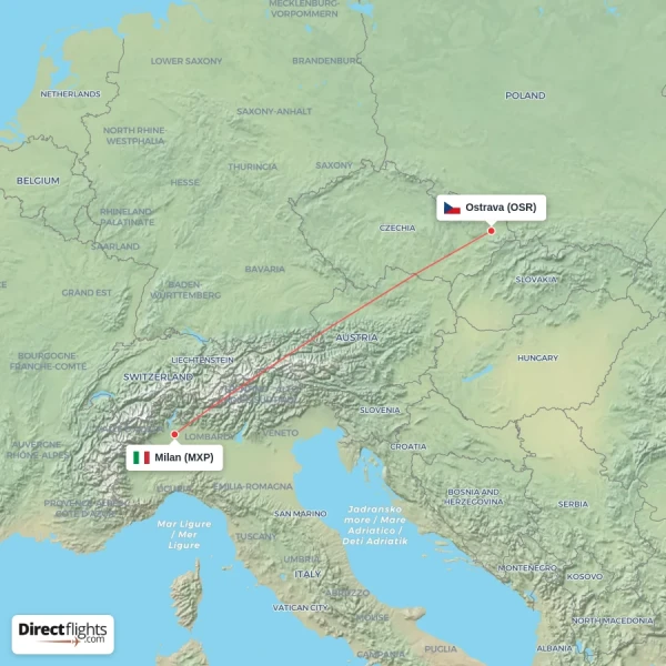 Milan - Ostrava direct flight map