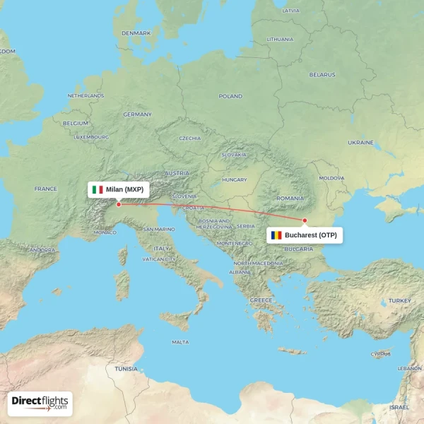 Milan - Bucharest direct flight map