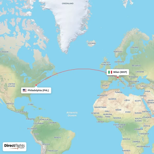 Milan - Philadelphia direct flight map