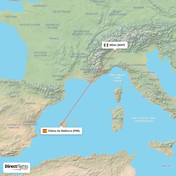 Milan - Palma de Mallorca direct flight map