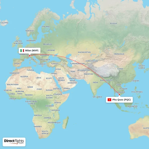 Milan - Phu Quoc direct flight map