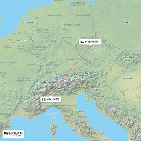 Milan - Prague direct flight map