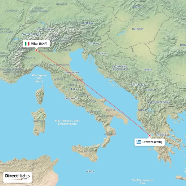 Milan - Preveza direct flight map