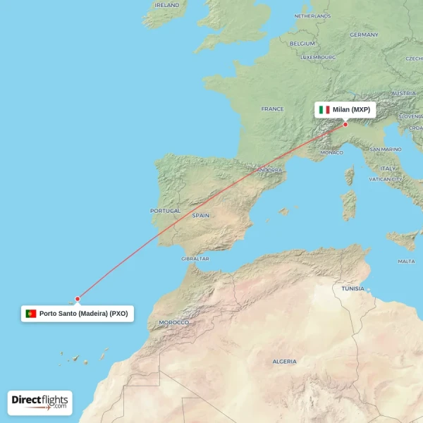 Milan - Porto Santo (Madeira) direct flight map