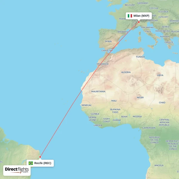 Milan - Recife direct flight map