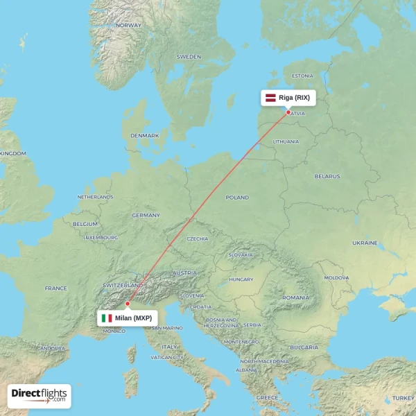 Milan - Riga direct flight map