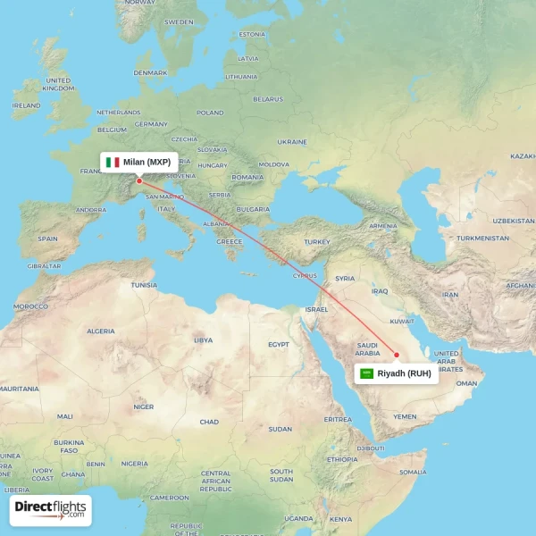 Milan - Riyadh direct flight map