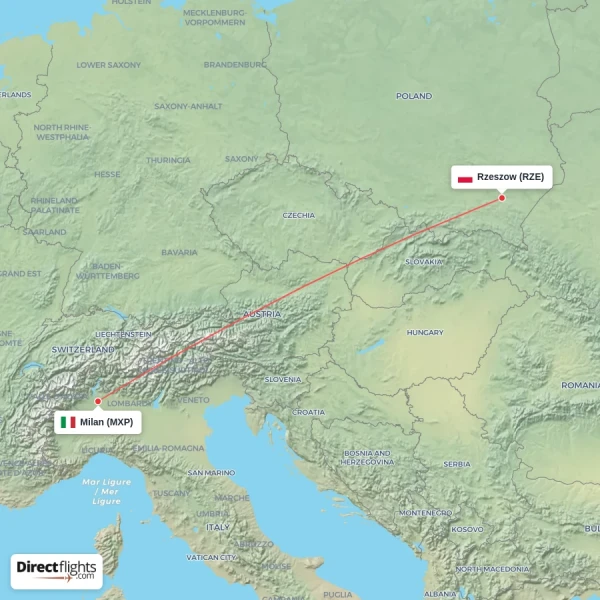 Milan - Rzeszow direct flight map