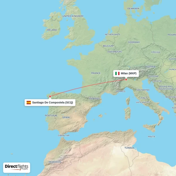 Milan - Santiago De Compostela direct flight map