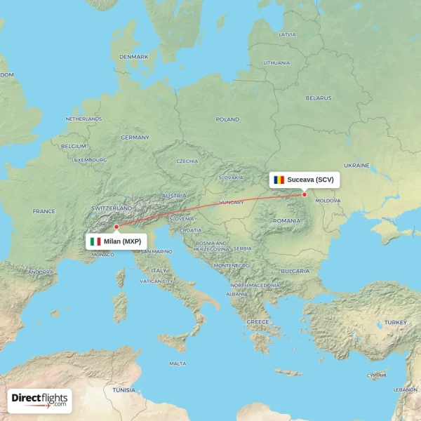 Milan - Suceava direct flight map