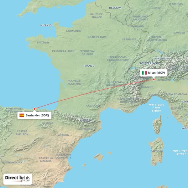 Milan - Santander direct flight map