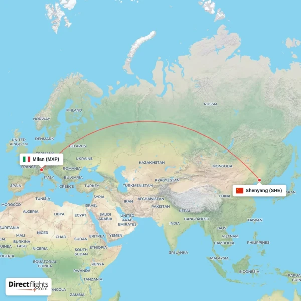 Milan - Shenyang direct flight map