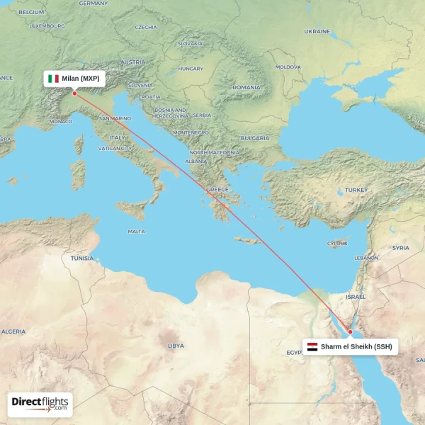 Milan - Sharm el Sheikh direct flight map