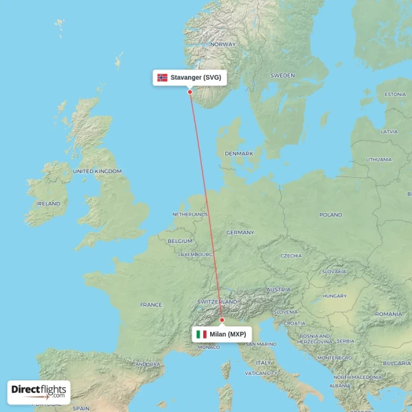 Milan - Stavanger direct flight map