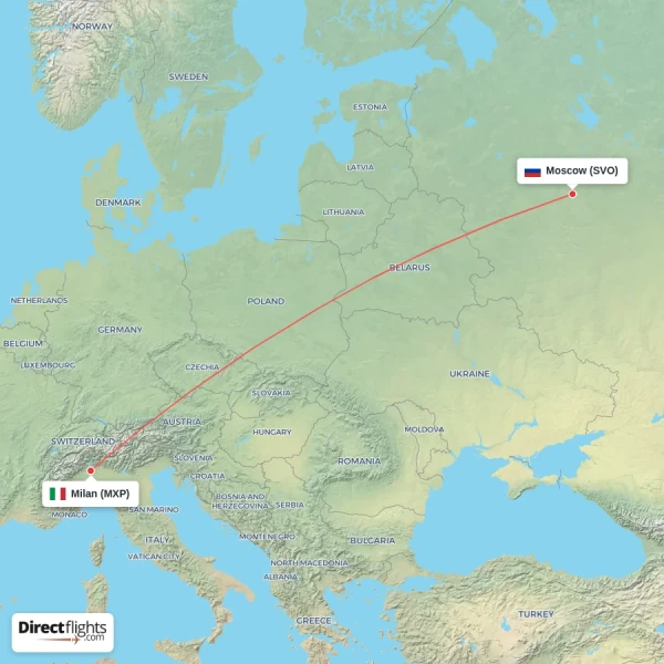 Milan - Moscow direct flight map