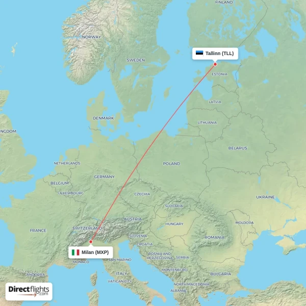 Milan - Tallinn direct flight map