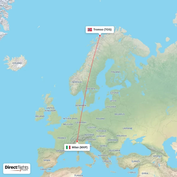 Milan - Tromso direct flight map