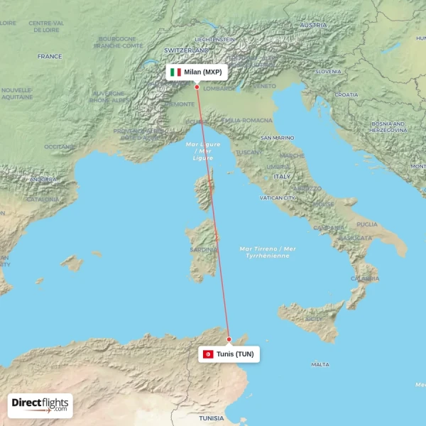 Milan - Tunis direct flight map