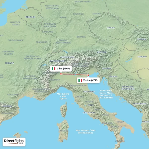 Milan - Venice direct flight map
