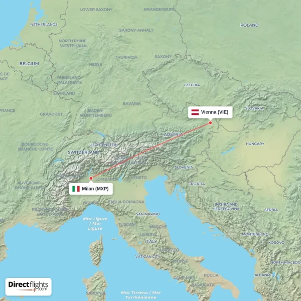 Milan - Vienna direct flight map