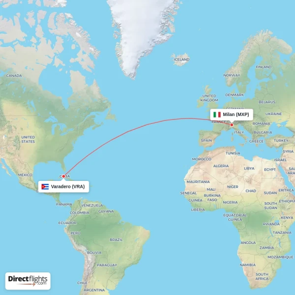 Milan - Varadero direct flight map