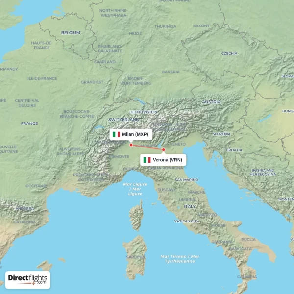 Milan - Verona direct flight map