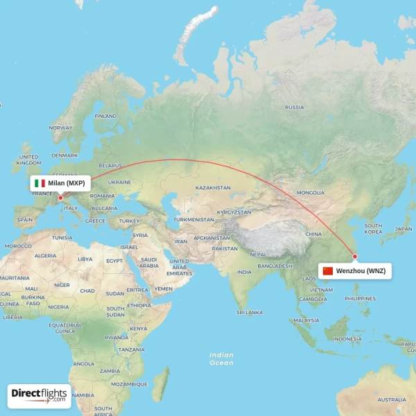 Milan - Wenzhou direct flight map