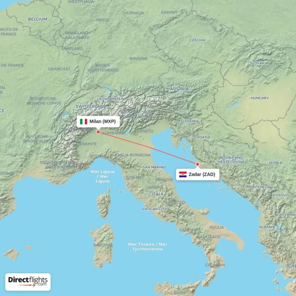 Milan - Zadar direct flight map