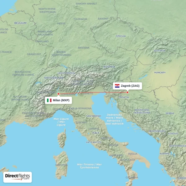 Milan - Zagreb direct flight map